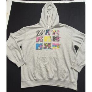 MTV girls gray graphic hoodie front pocket colorful logos drawstring sz XL 15-17